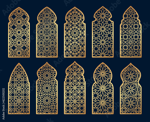 Arabian mosque window and gate patterns, golden arch arabesque ornament shapes. Old arabic door or window frames with gold geometric motif. Mashrabiya, islamic mosque or palace architecture elements photo