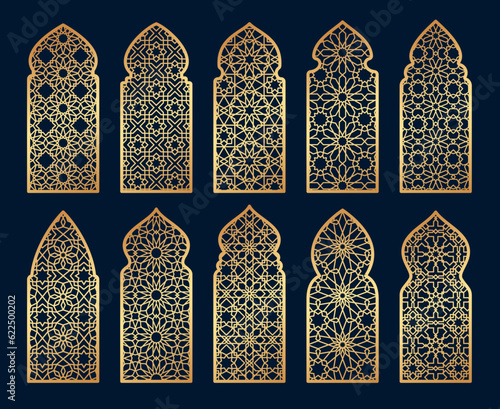 Arabian mosque window and gate patterns, golden arch arabesque ornament shapes. Old arabic door or window frames with gold geometric motif. Mashrabiya, islamic mosque or palace architecture elements