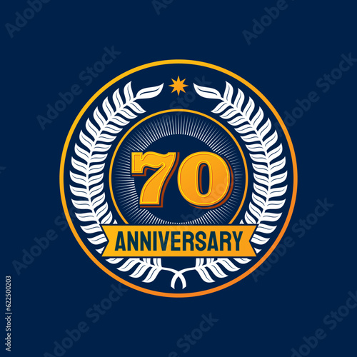 Birthday badge and label anniversary, jubilee seal or party number mark, vector banner. 70 years anniversary emblem with ribbon and star, 70th birthday, business or wedding jubilee celebration wreath