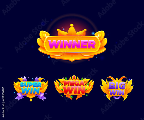 Game win popup banner and victory sign badges or winner congratulation ribbons, vector GUI. Online casino or slot machine gambling game and jackpot win pop up banners with golden wings and crown