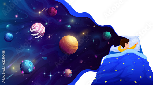 Sleeping kid boy with dreams about galaxy space. Cartoon vector sweet little child sleep lies on soft pillow and sees magical dreams about planets, stars and satellites. Rest and relaxation at night
