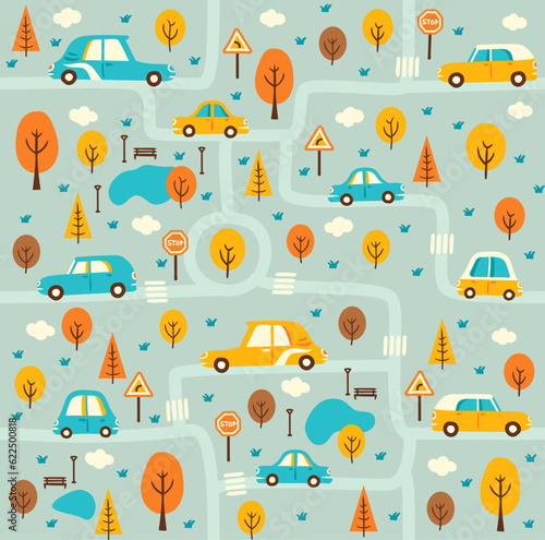 Kid car seamless pattern with roads, trees and vehicles. Cartoon town map vector background with streets, transport traffic, road signs, cars and auto, park alleys, lake. Childish wallpaper backdrop