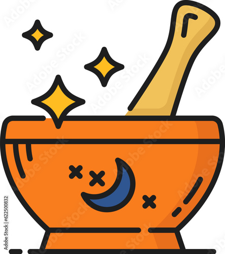 Magic mortar witchcraft and magic icon. Isolated vector linear sign. Enchanting fantasy grinder with mystical properties, symbolizing spellcasting and alchemy, power of transformation and creation
