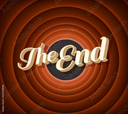 End screen, movie cinema film circle background. Retro movie ending screen vector round frame poster. Vintage cinema theater, video studio and motion picture background, cinematography, entertainment