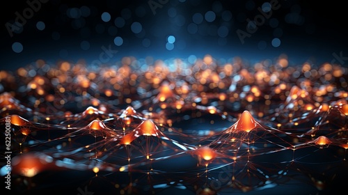 Digital generated image of abstract flowing data ramp made out of numbers and glowing blue splines moving up on black background.