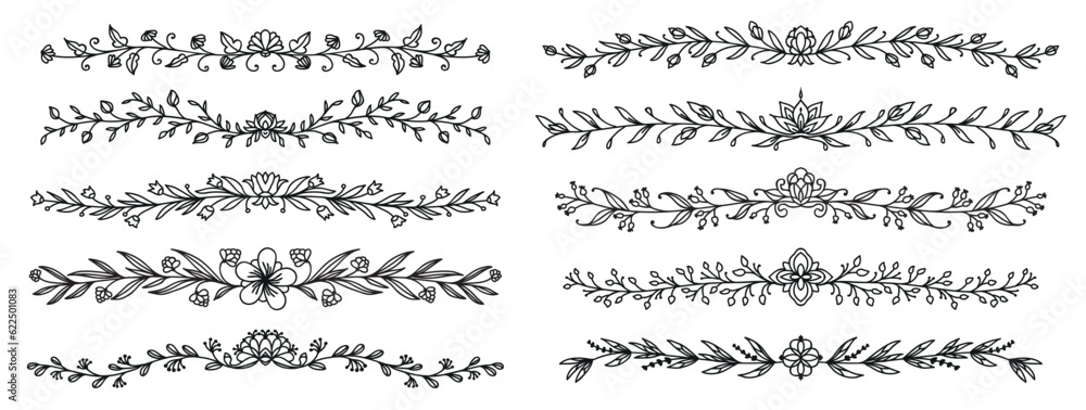Fototapeta premium Floral wedding dividers, flourish vignettes and separators, borders and delimiters. Vector flower ornament dividers with rose vines, leaves and blossoms, garden plant branches and elegant flourishes