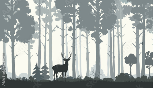 Leinwand Poster Silhouettes of morning forest with deer