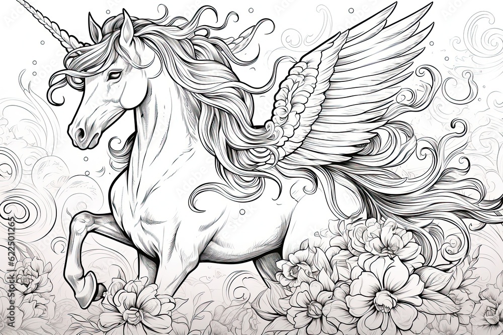 Fototapeta premium unicorn with wings coloring pages, in the style of detailed background elements, realistic, engraved line-work
