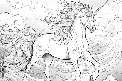 unicorn with wings coloring pages  in the style of detailed background elements  realistic  engraved line-work