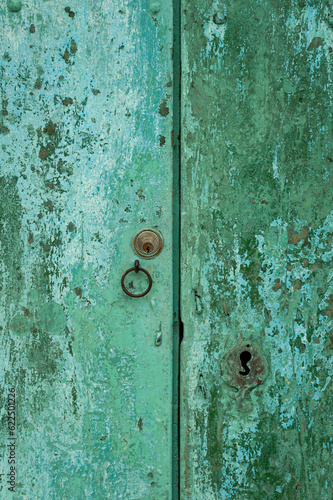 old rusty wood background green door
