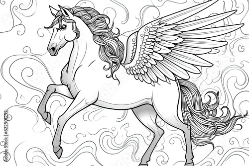 unicorn with wings coloring pages, in the style of detailed background elements, realistic, engraved line-work