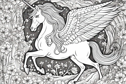unicorn with wings coloring pages  in the style of detailed background elements  realistic  engraved line-work