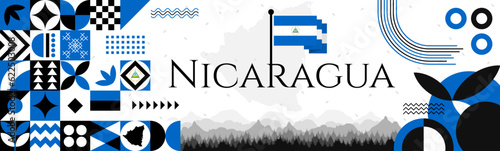 Nicaragua Independence Day abstract banner design with flag and map. Flag color theme geometric pattern retro modern Illustration design. Blue flag color template.