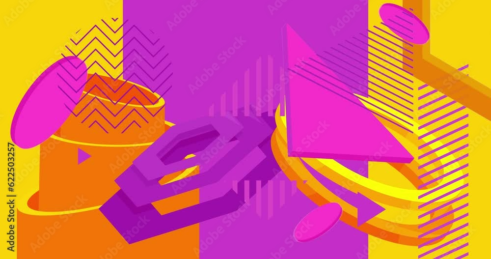 Busy Purple and Yellow geometric background video template. Abstract shape design. Simple moving geometrical vintage minimal graphic cartoon motion. Retro theme backdrop. Busy Purple and Yellow geometric background video template. Abstract shape design. Simple moving geometrical vintage minimal graphic cartoon motion. Retro theme backdrop.