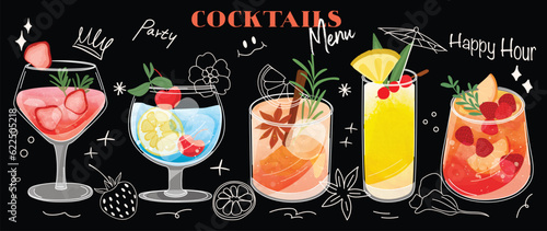 Set of cocktail drinks special promotions design. Alcohol beverage, fresh yummy drinks, sparkling water, summer juice in different glasses. Classic cocktail vector for advertisement, menu, poster.