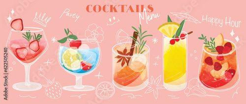 Set of cocktail drinks special promotions design. Alcohol beverage  fresh yummy drinks  sparkling water  summer juice in different glasses. Classic cocktail vector for advertisement  menu  poster.