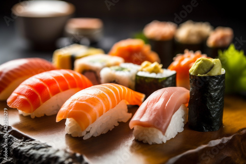 rice fish seafood set roll meal japanese japan food sushi. Generative AI.