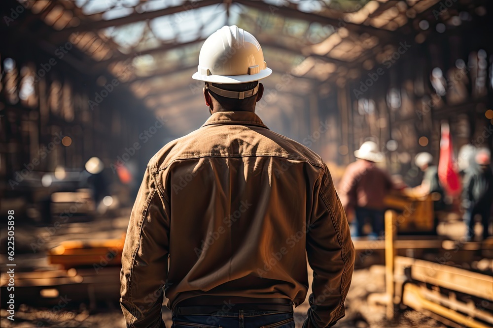 Back Shot of Worker Contractor Wearing Hard Hat and Safety Walks on Industrial Building Construction Site Back Shot of Worker Contractor Wearing Hard Hat and Safety Walks on Industrial Building Construction Site