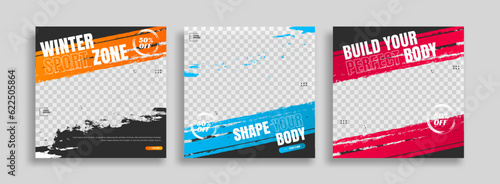 set of posts on social media vector illustration. Stylish graphics templates posts. dynamic abstractions typography photo. modern art paint and brush stains, fitness subjects gym. 