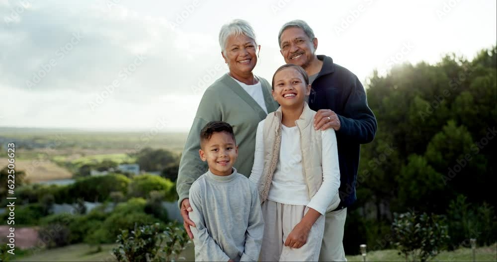 Smile, face and grandparents with their grandchildren in nature on family holiday or vacation. Happy, love and portrait of senior man and woman in retirement bonding with kids on outdoor weekend trip Smile, face and grandparents with their grandchildren in nature on family holiday or vacation. Happy, love and portrait of senior man and woman in retirement bonding with kids on outdoor weekend trip