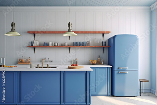 Clean Blue Modern Vintage Blue Kitchen Interior with Retro Refrigerator and Open Shelving with Glassware and Fruit on Counters