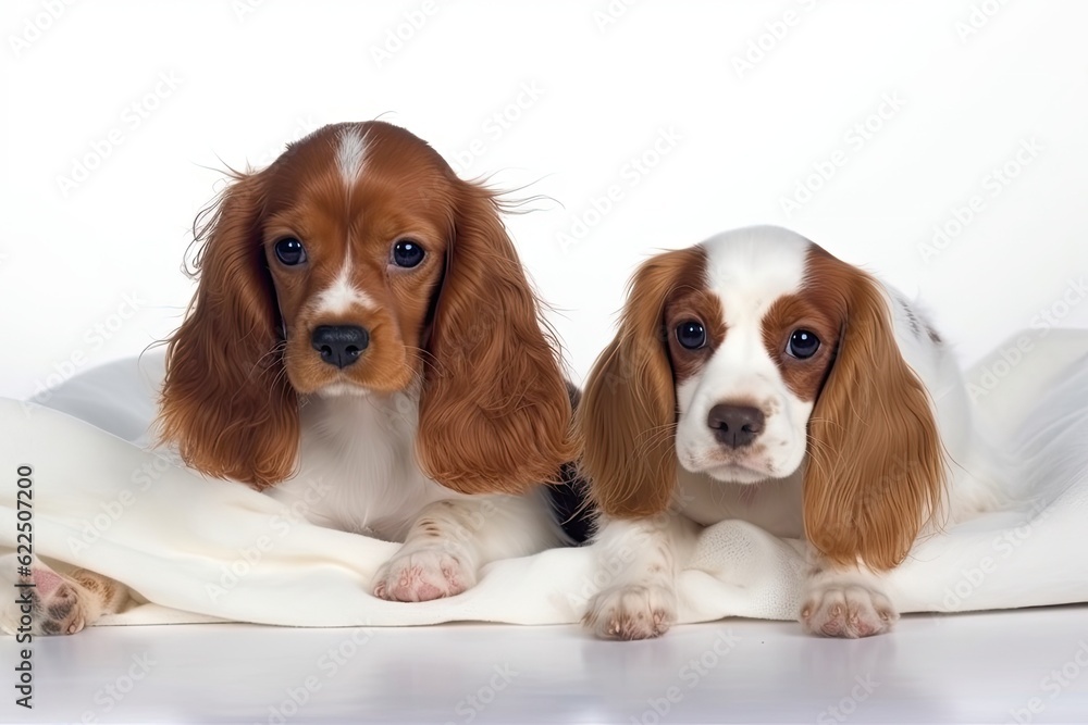 Fototapeta premium two dogs lounging on a cozy white blanket. Generative AI