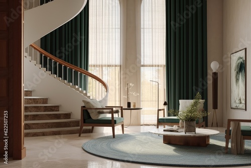 Luxury Curved Staircase Foyer with Sitting Area with Accent Chairs and Light Filtering Floor to Ceiling Curtains