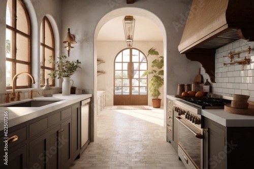 Residential Modern Kitchen Spanish Interior with Arched Doorways and Wooden Range Hood Over Stove 