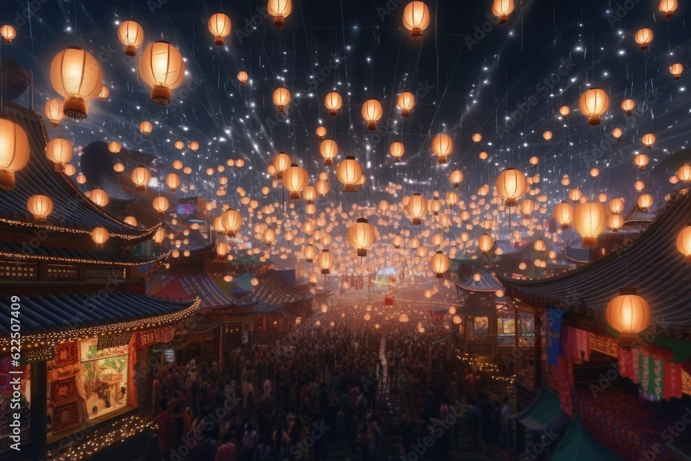 Aerial of Chinese Paper Lanterns Flying in Night Sky with Homes Below Aerial of Chinese Paper Lanterns Flying in Night Sky with Homes Below