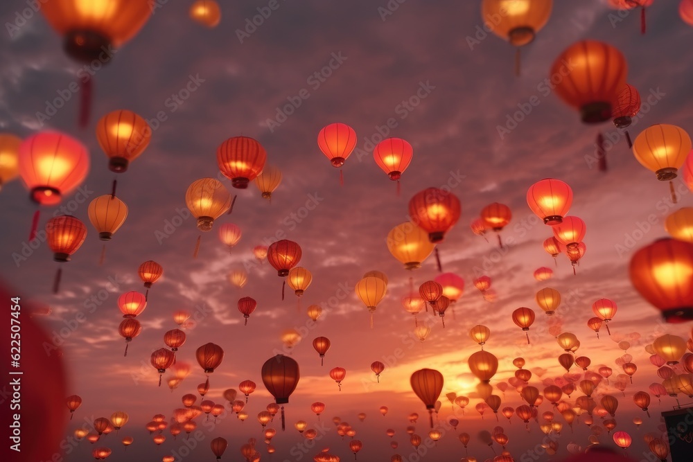 Red Paper Lanterns Flying in The Sky for The Chinese Lantern Festival