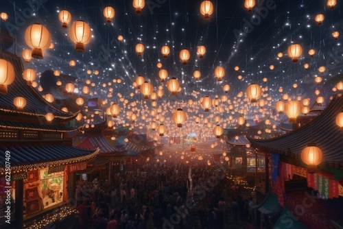 Aerial of Chinese Paper Lanterns Flying in Night Sky with Homes Below © Bryan
