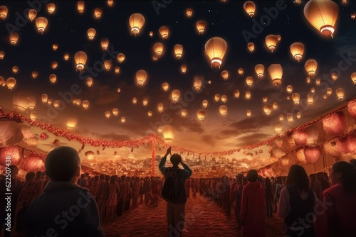 Adult Kid Standing In The Center of Crowd at Chinese Paper Lantern Festival at Night