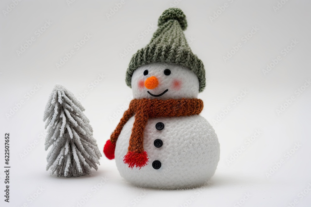 cozy winter scene with a knitted snowman and a tiny pine tree. Generative AI
