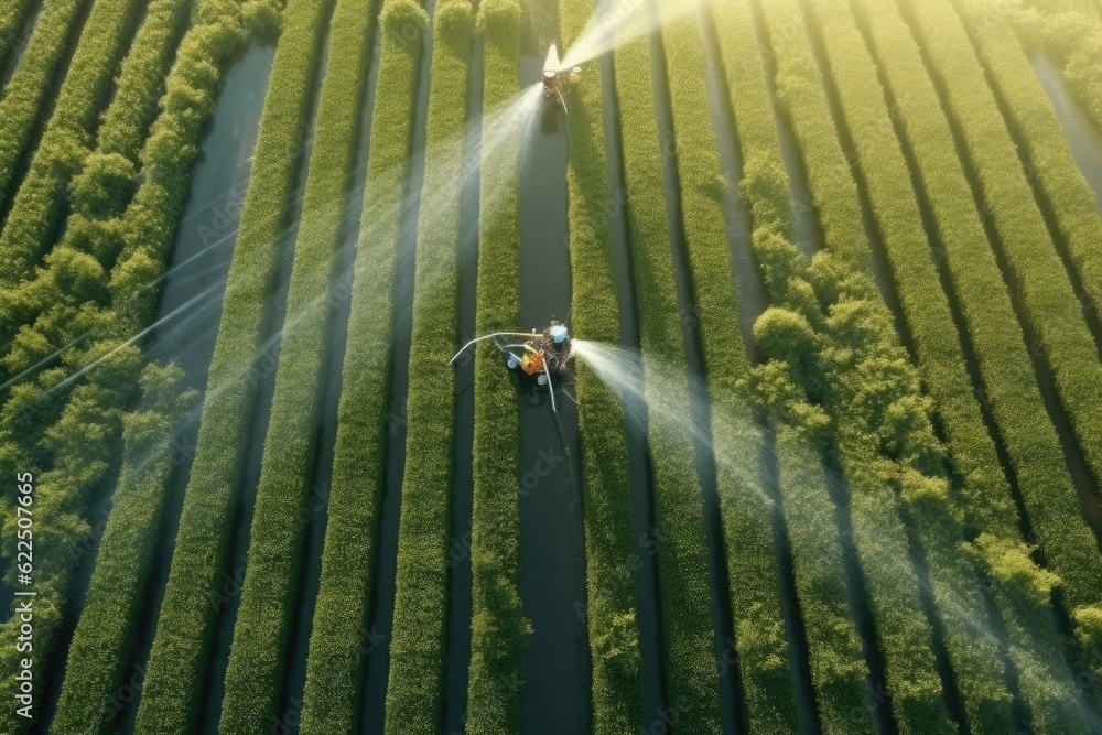 Fototapeta premium Aerial Of Farm And Crops With Watering Tractor And Lush Green Rows Made With Generative Ai