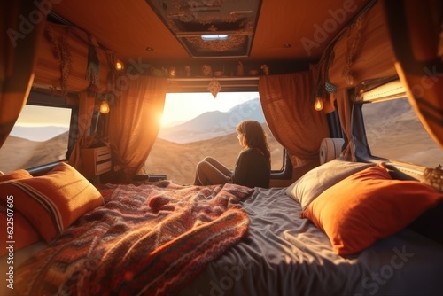 Beautiful Adult Woman Traveling in Her Van Life on a Road Trip Through The Mountains in Summer Made with Generative AI
