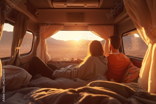 Natural Light of Young Woman Traveling in Their Van with the Sunset Mountain Views Made with Generative AI