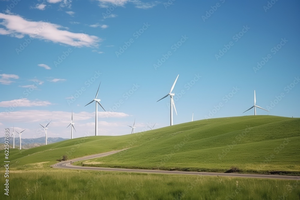 Wind Power Turbines Clean Energy Renewable Resource Technology on Green Grass Hills with Sunny Blue SKy Made with Generative AI Wind Power Turbines Clean Energy Renewable Resource Technology on Green Grass Hills with Sunny Blue SKy Made with Generative AI