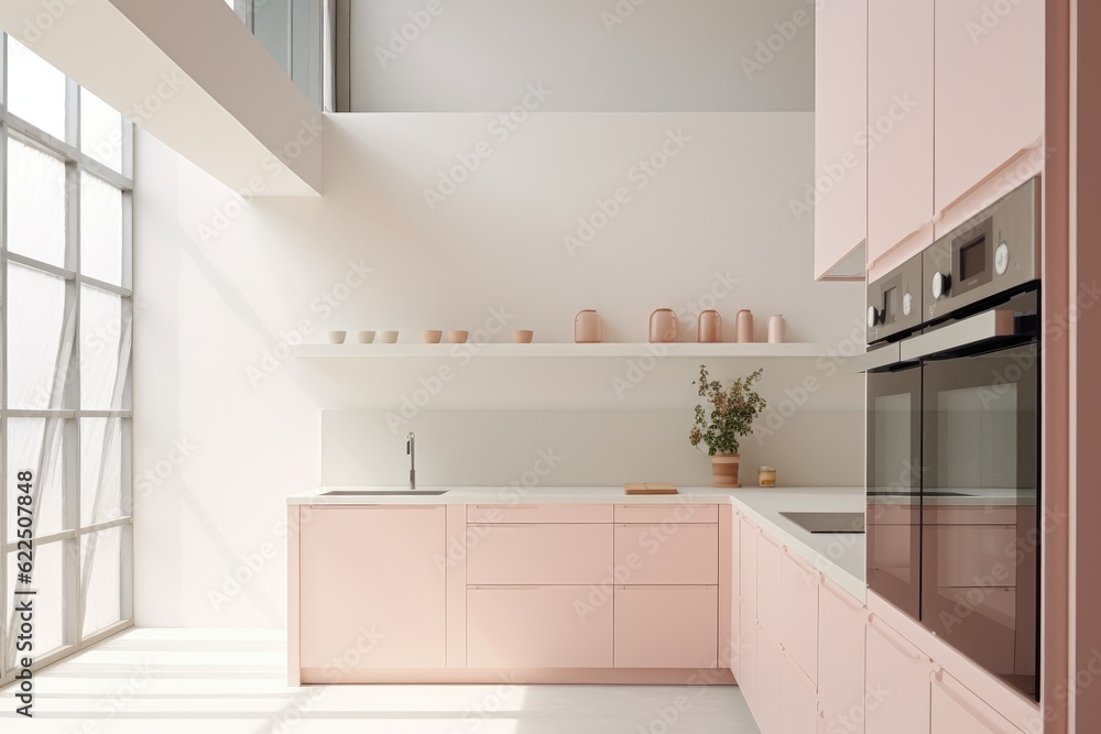 Chic Blush Baby Pink Modern Kitchen Interior with Empty White Walls and Open Concept Two Story Apartment Layout Made with Generative AI Chic Blush Baby Pink Modern Kitchen Interior with Empty White Walls and Open Concept Two Story Apartment Layout Made with Generative AI