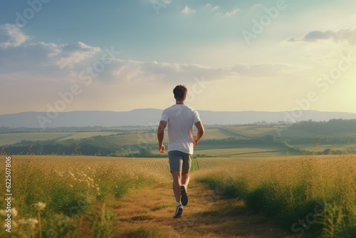 Mature Man with Running Through Nature Trail in Meadow Field with Beautiful Valley in Evening Made with Generative AI