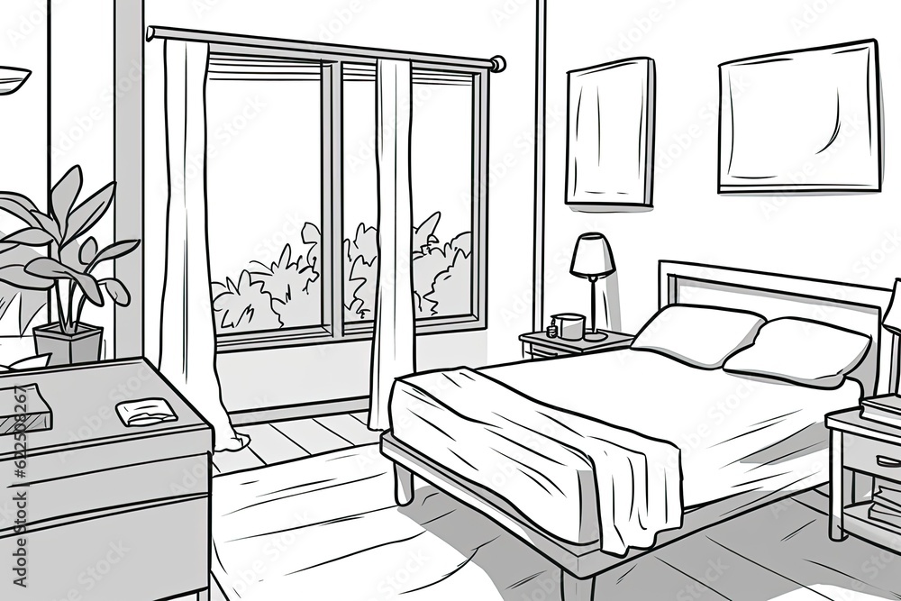 monochrome bedroom sketch with minimalist decor. Generative AI monochrome bedroom sketch with minimalist decor. Generative AI