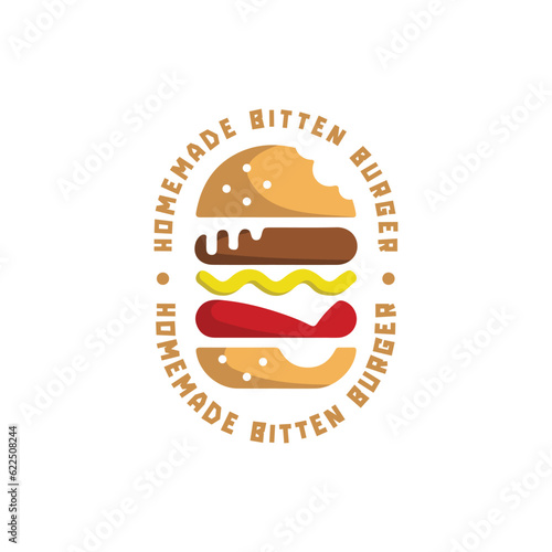 Vintage retro homemade bitten burger logo design badge for restaurant or cafe logo
