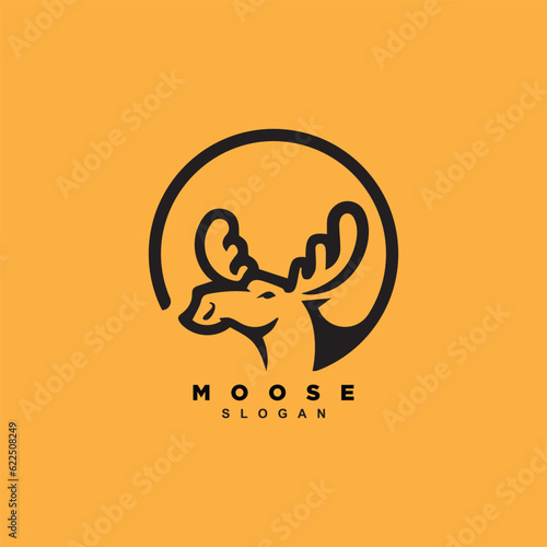 Modern circle moose head with big antler logo badge isolated on yellow background