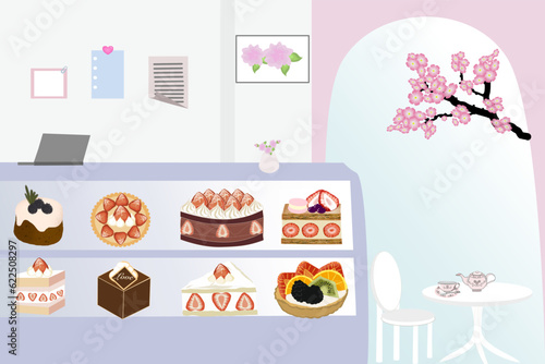Cafe pastel showing many type of cake for background backdrop cafe canteen concept 