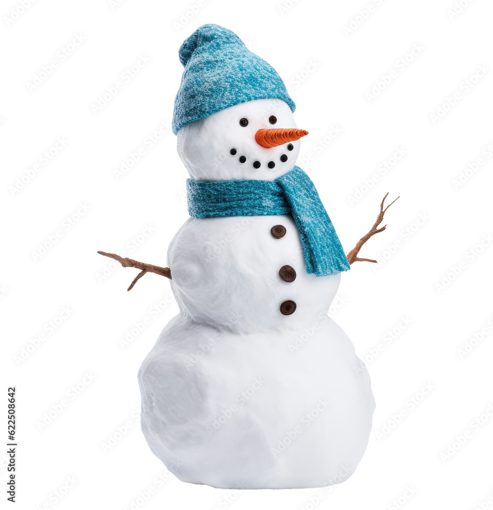 Snowman with blue hat and scarf isolated on transparent background, Generative AI - obrazy, fototapety, plakaty 