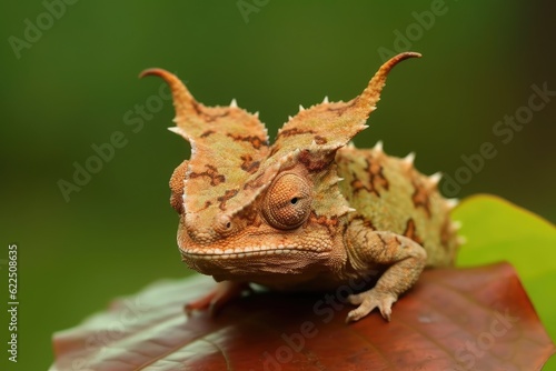 tiny chameleon perched on a green leaf. Generative AI