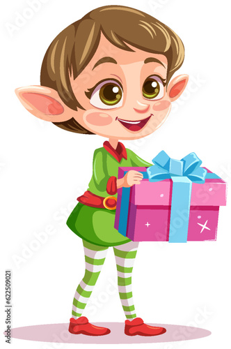 Elf girl cartoon Christmas character holding gift