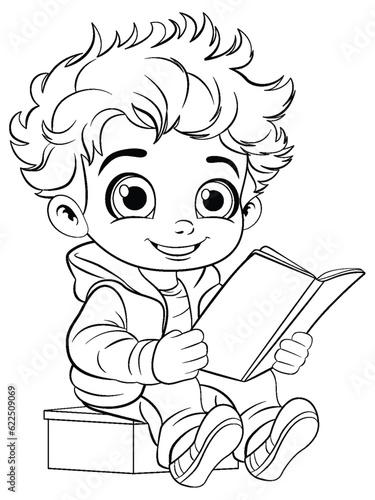 Cute Boy Reading Book Outline for Colouring