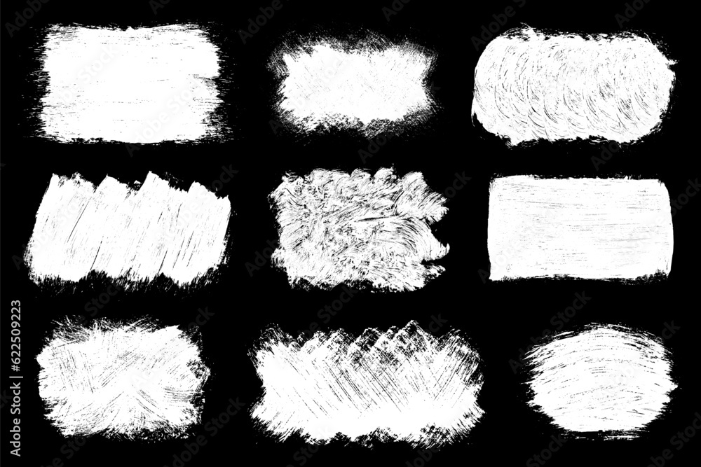 Set of scribble hand drawn in chalk on black background. Shabby white texture. Monochrome stain element. Rusted effect. Digitally generated image. Vector illustration, Eps 10.