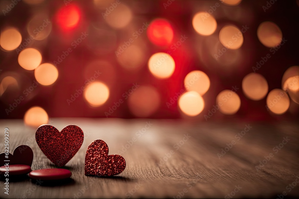 three red hearts on a wooden table. Generative AI three red hearts on a wooden table. Generative AI