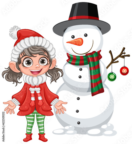Happy girl with snowman